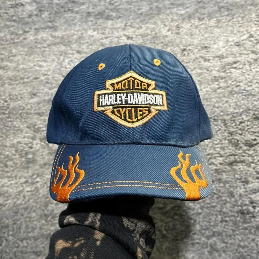 Vintage‎ Harley Davidson Hat Embroidered Flames Y2K Grunge Bike Blue Orange